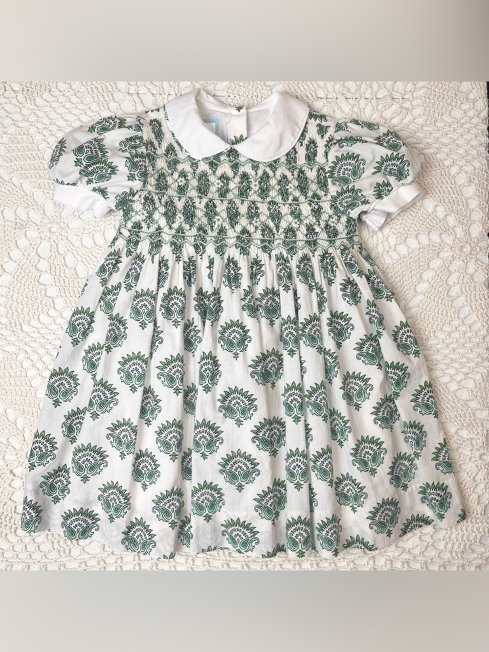 India Amory X Smockingbird Girls 2 Years Green Printed Collared Smocked Dress